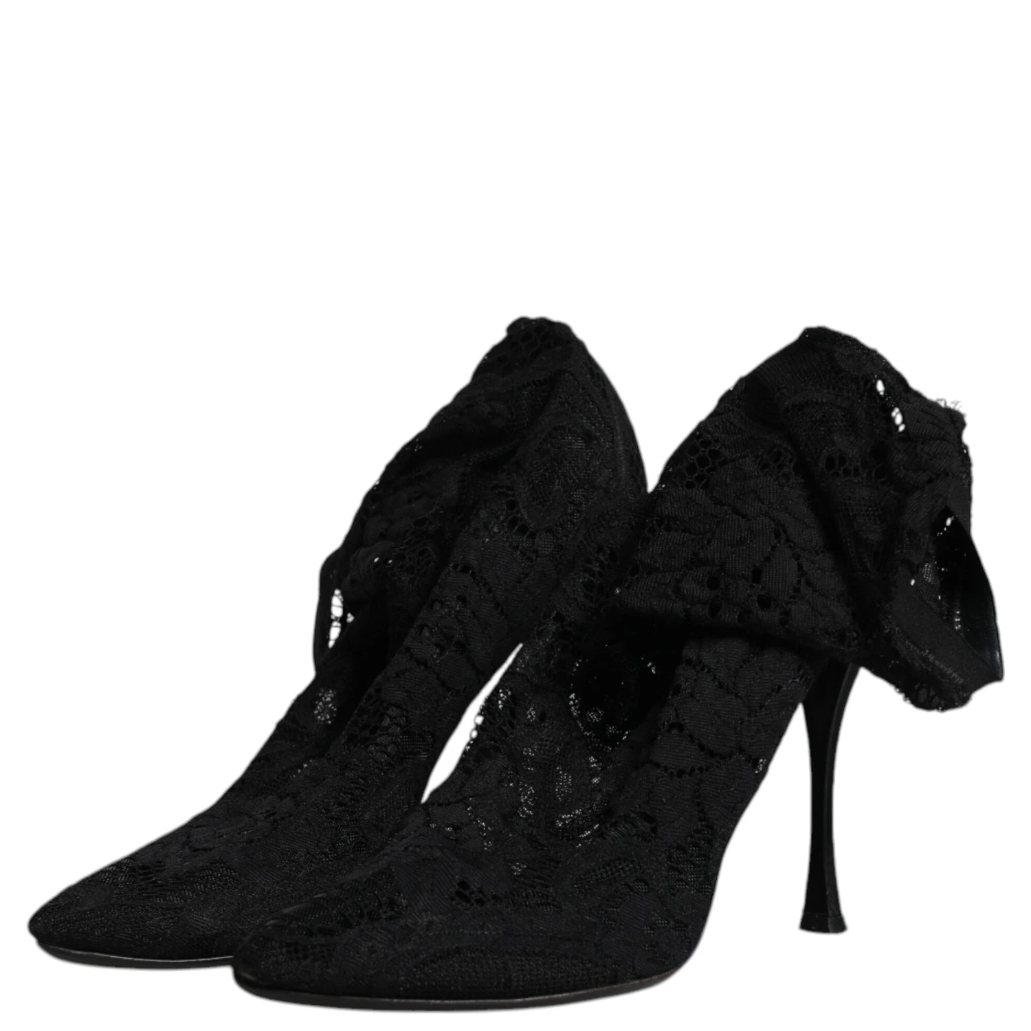Black Lace Stretch Heels Mid Calf Boots Shoes