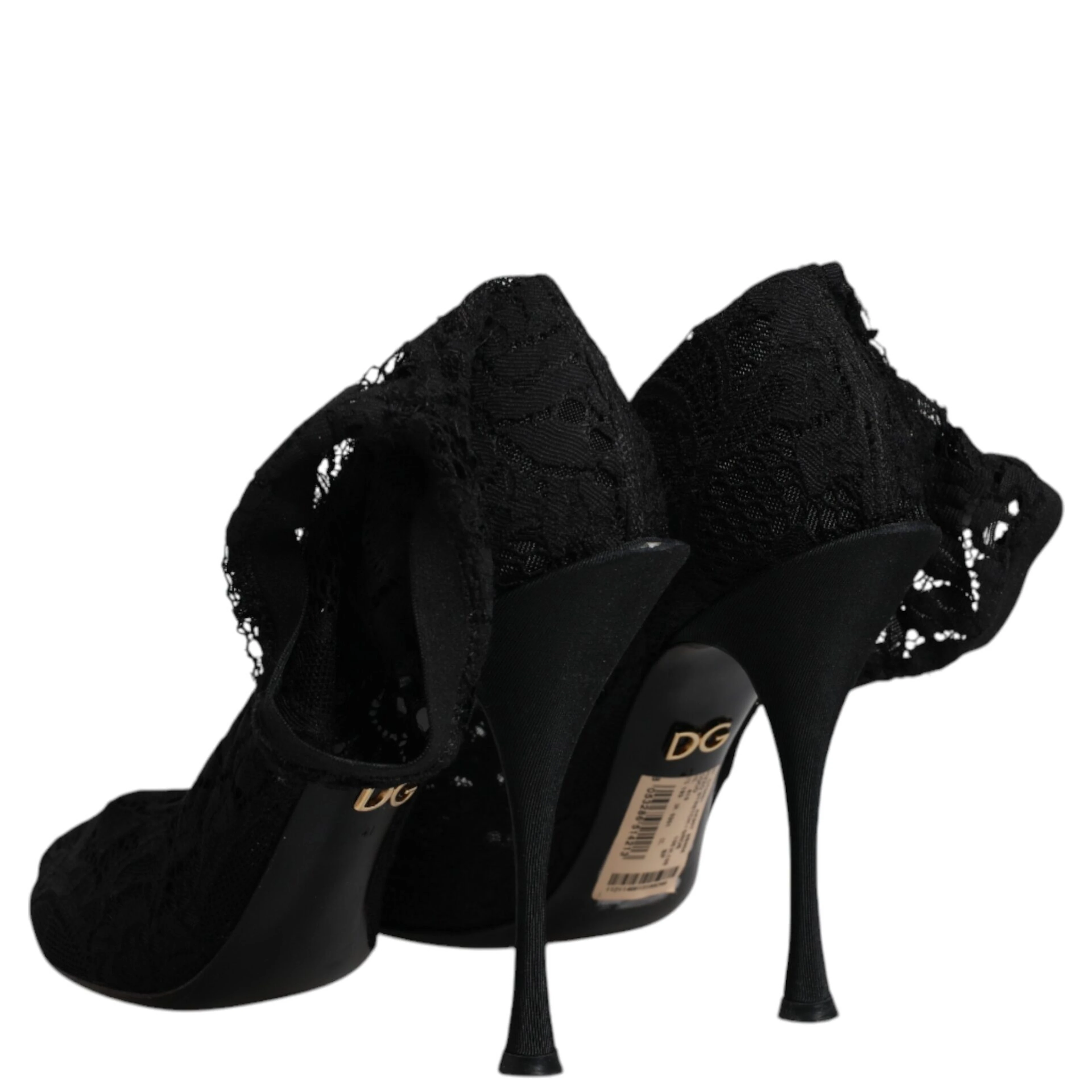 Black Lace Stretch Heels Mid Calf Boots Shoes