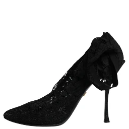 Black Lace Stretch Heels Mid Calf Boots Shoes