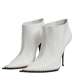 White Faux Pearl Leather Pointed Toe Ankle Boot Shoes