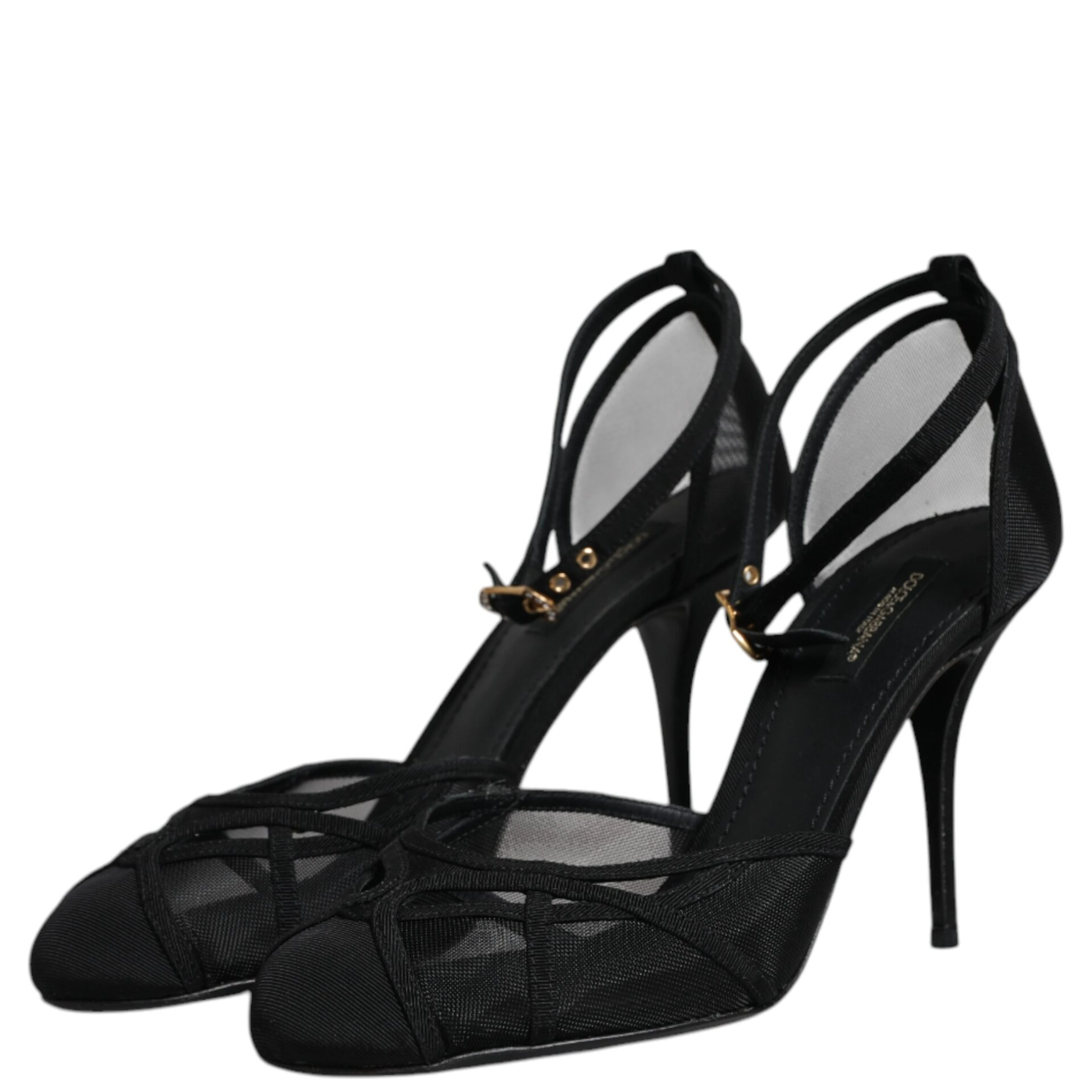 Black Mesh Ankle Strap Heels Pumps Shoes