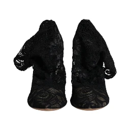 Black Lace Stretch Heels Mid Calf Boots Shoes