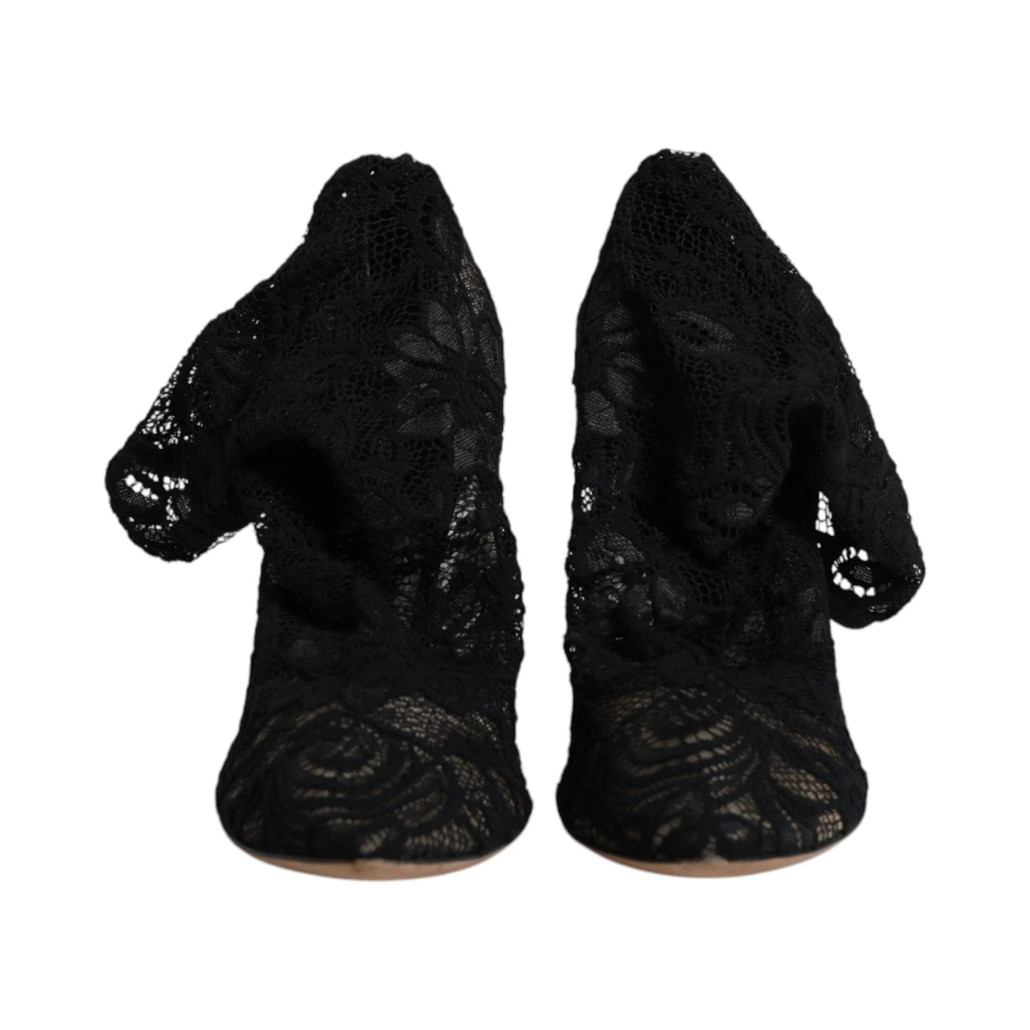 Black Lace Stretch Heels Mid Calf Boots Shoes