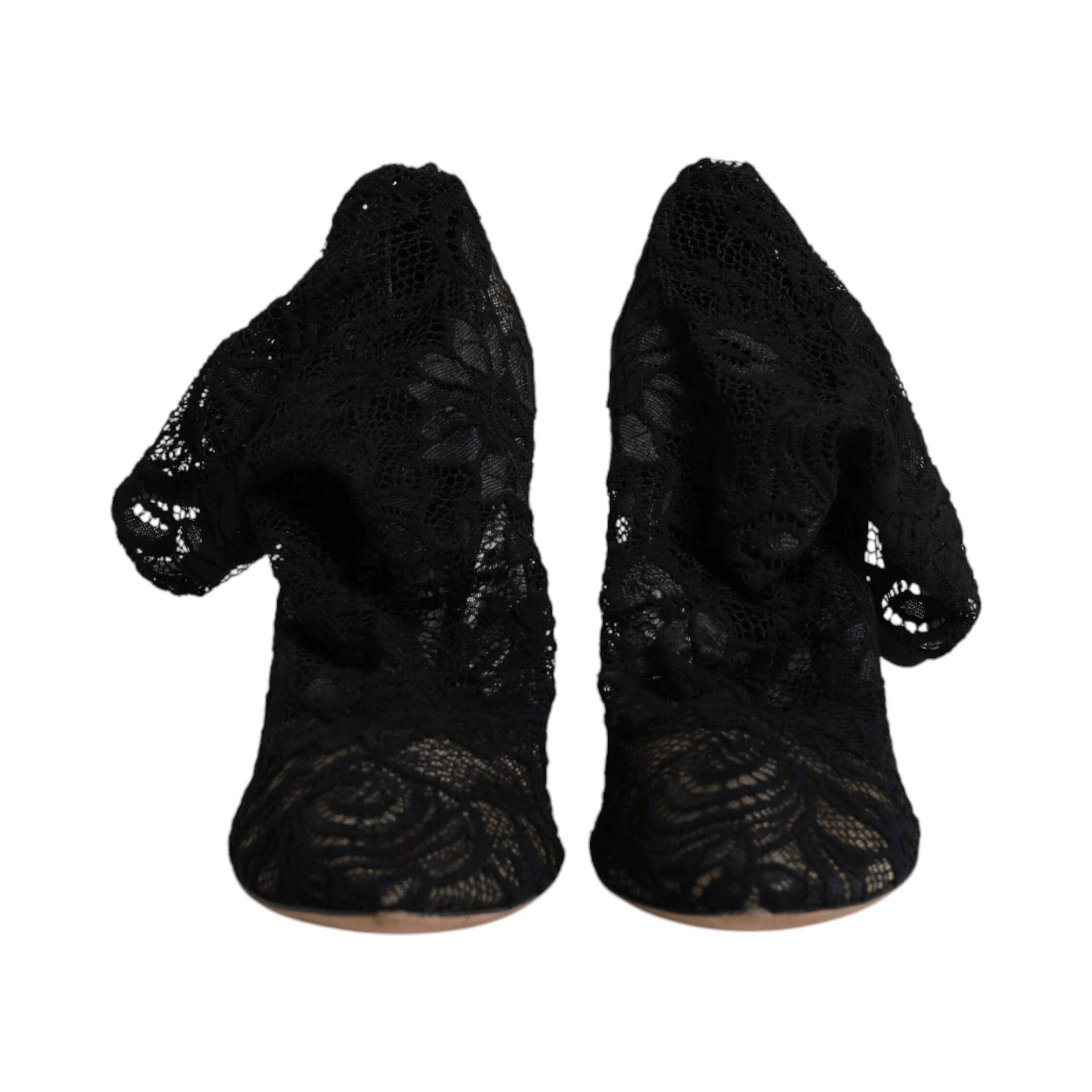 Black Lace Stretch Heels Mid Calf Boots Shoes