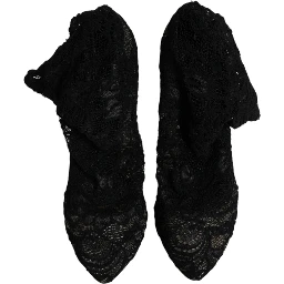 Black Lace Stretch Heels Mid Calf Boots Shoes
