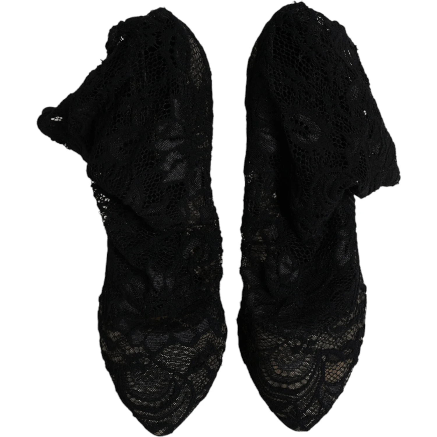 Black Lace Stretch Heels Mid Calf Boots Shoes
