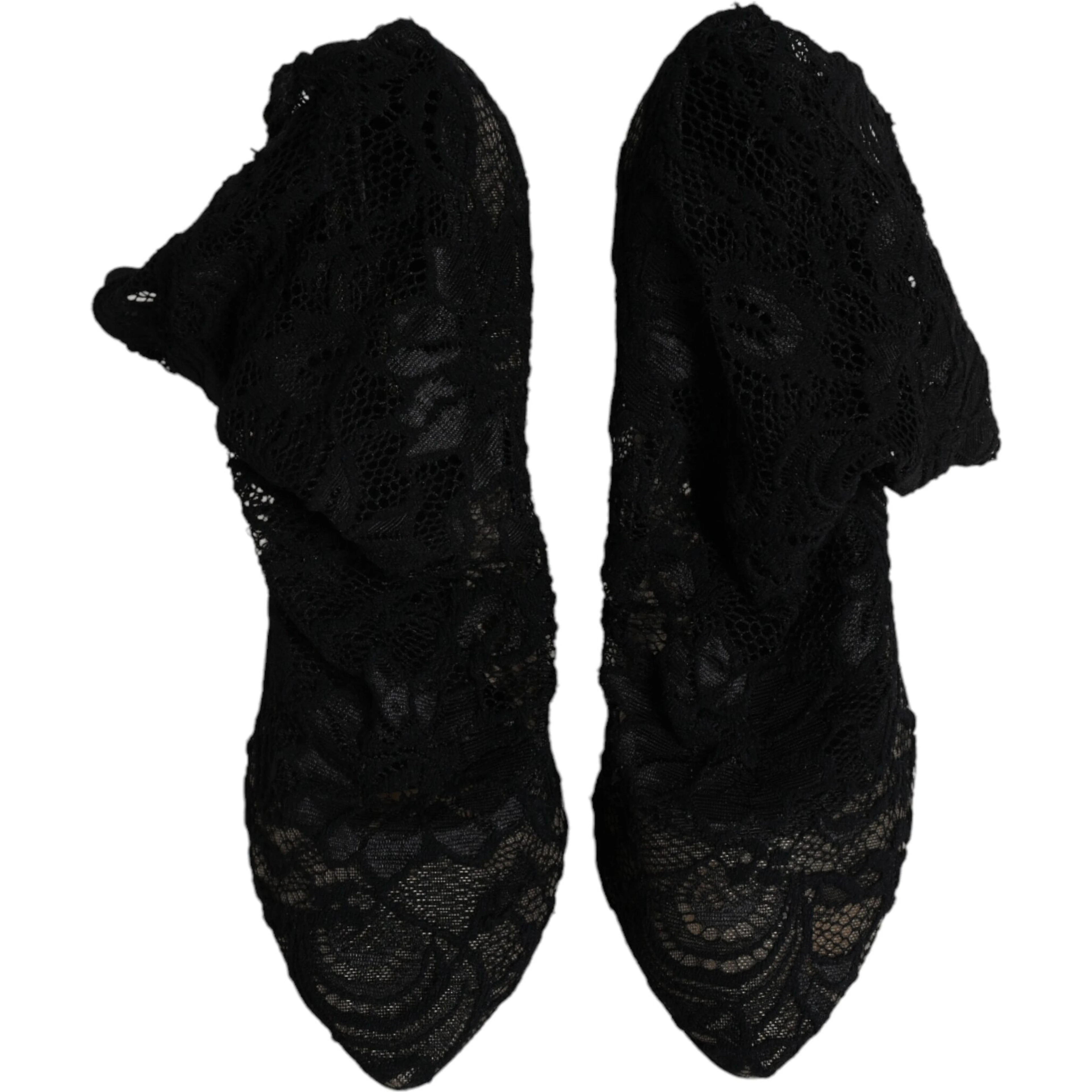 Black Lace Stretch Heels Mid Calf Boots Shoes