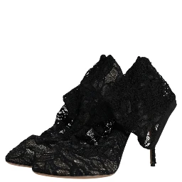 Black Lace Stretch Heels Mid Calf Boots Shoes