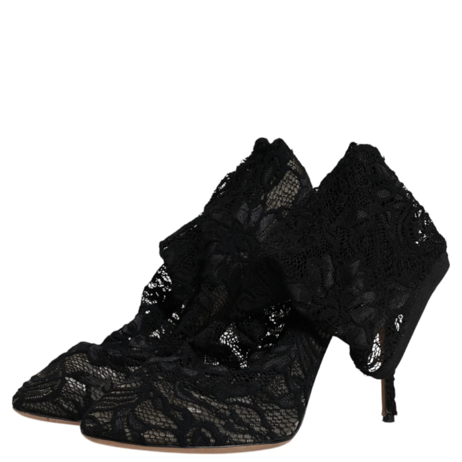 Black Lace Stretch Heels Mid Calf Boots Shoes