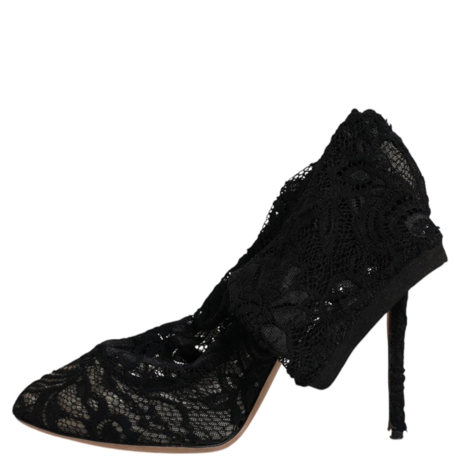 Black Lace Stretch Heels Mid Calf Boots Shoes