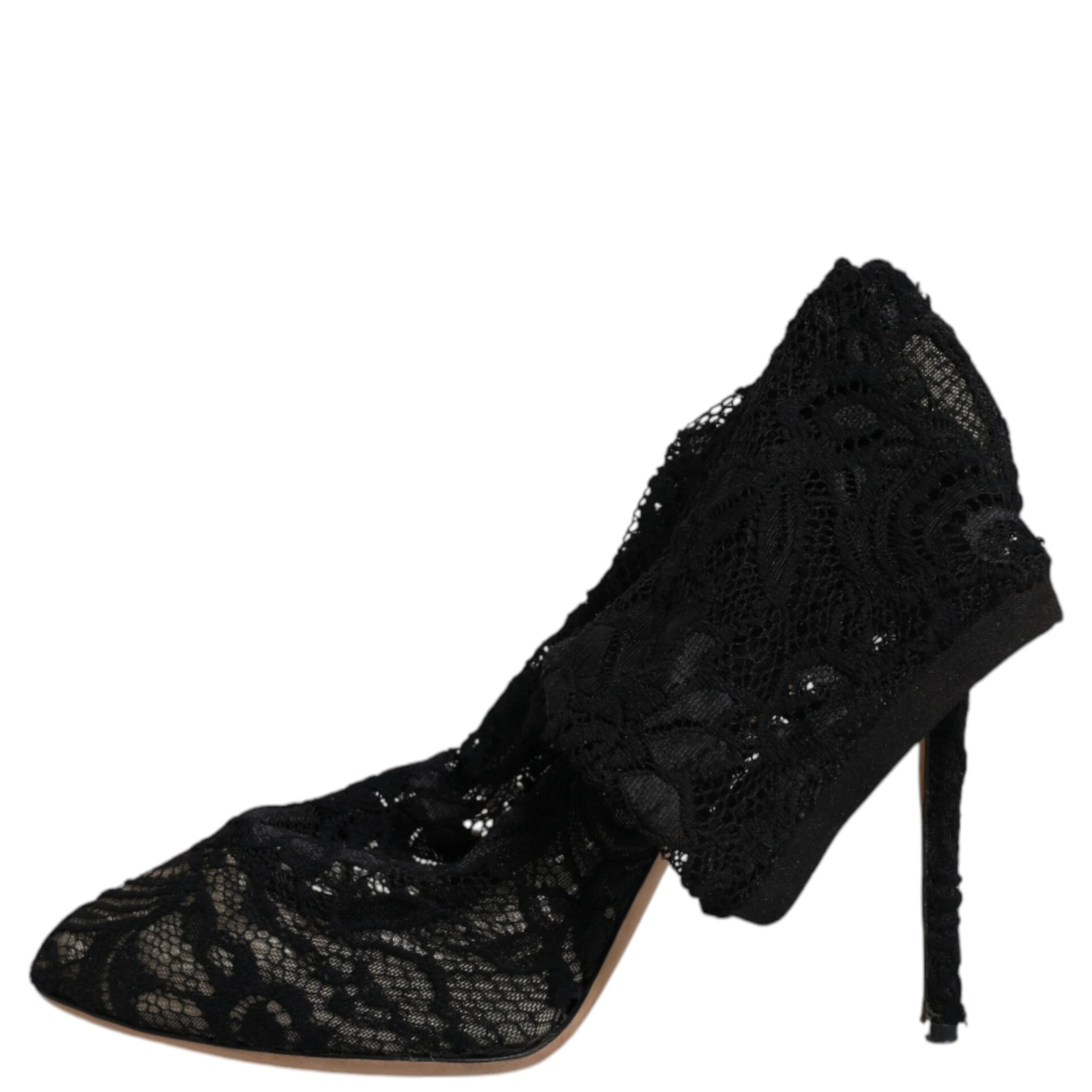 Black Lace Stretch Heels Mid Calf Boots Shoes