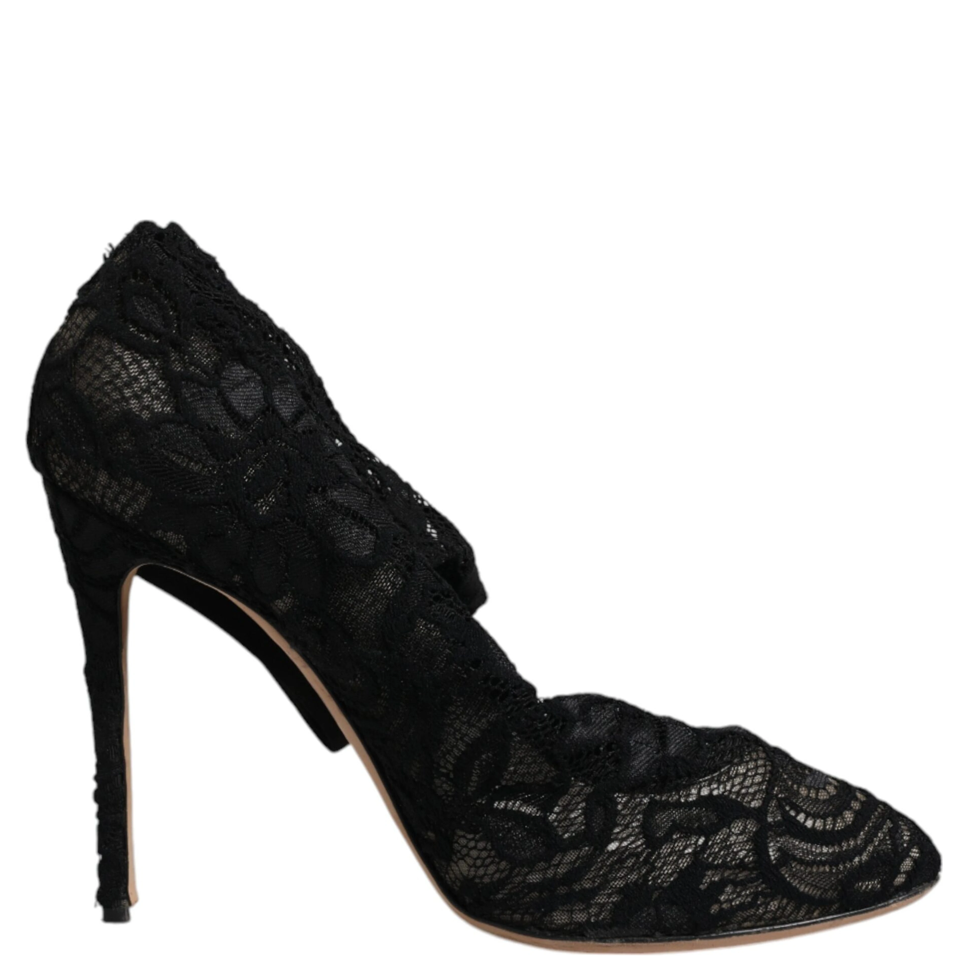 Black Lace Stretch Heels Mid Calf Boots Shoes