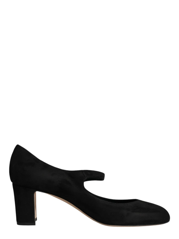 Black Suede Leather Block Heels Pumps Shoes