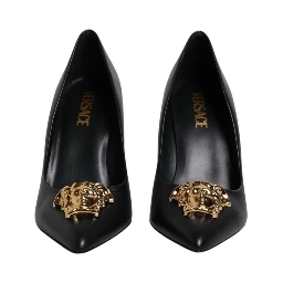 Black Leather Logo Plaque High Heels Pumps Shoes