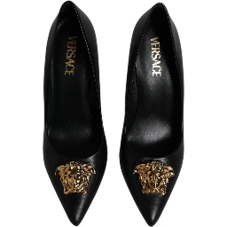 Black Leather Logo Plaque High Heels Pumps Shoes