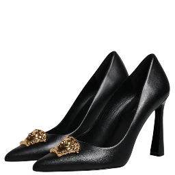 Black Leather Logo Plaque High Heels Pumps Shoes