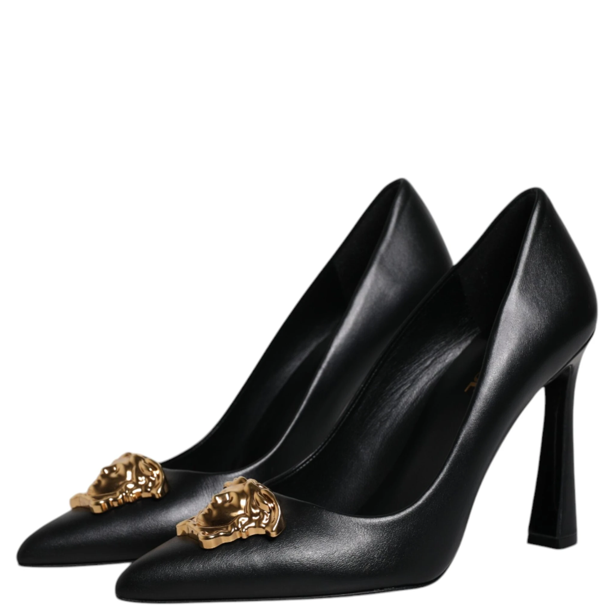 Black Leather Logo Plaque High Heels Pumps Shoes