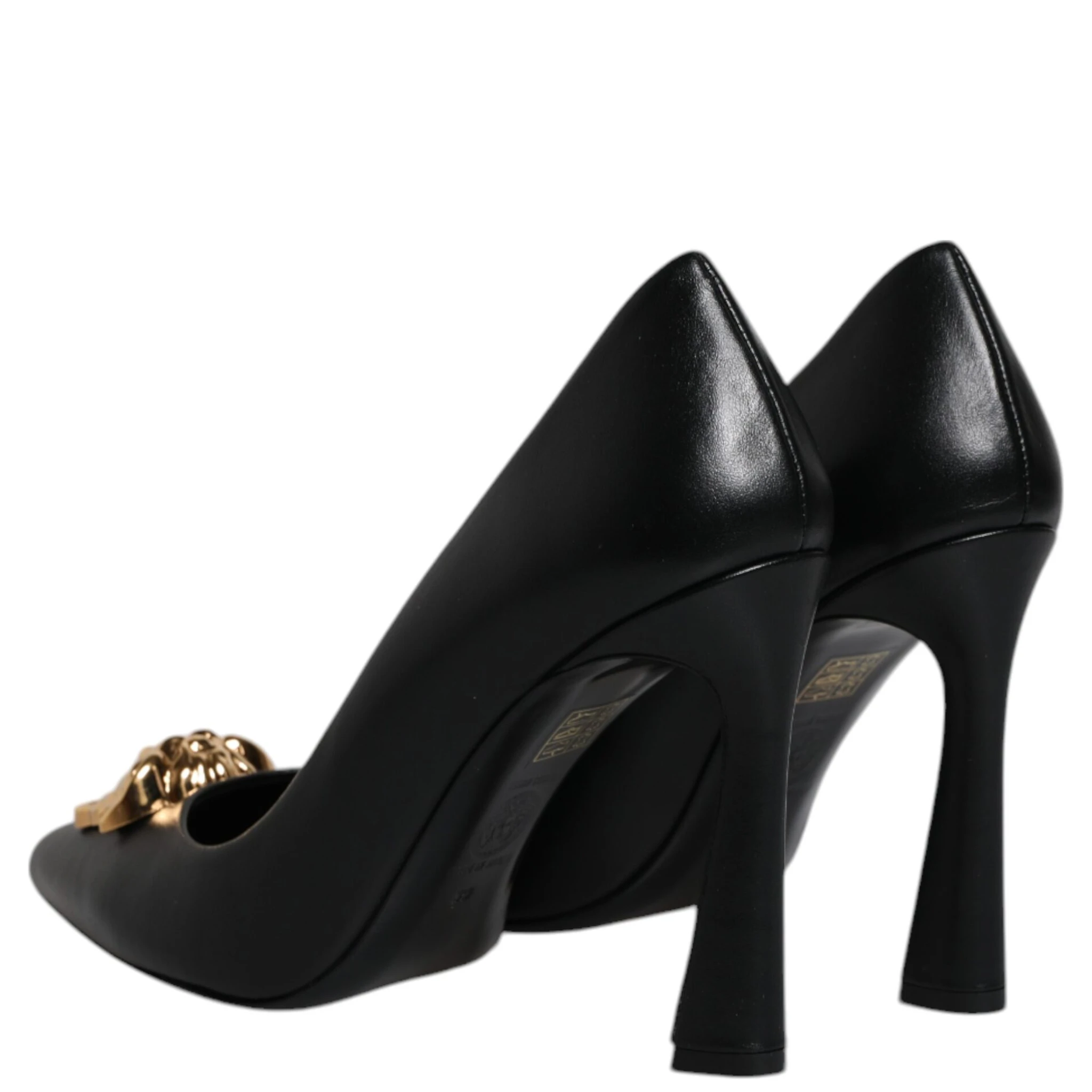 Black Leather Logo Plaque High Heels Pumps Shoes