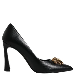 Black Leather Logo Plaque High Heels Pumps Shoes