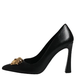 Black Leather Logo Plaque High Heels Pumps Shoes