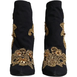 Black Gold Embroidery Slip On Boots Shoes