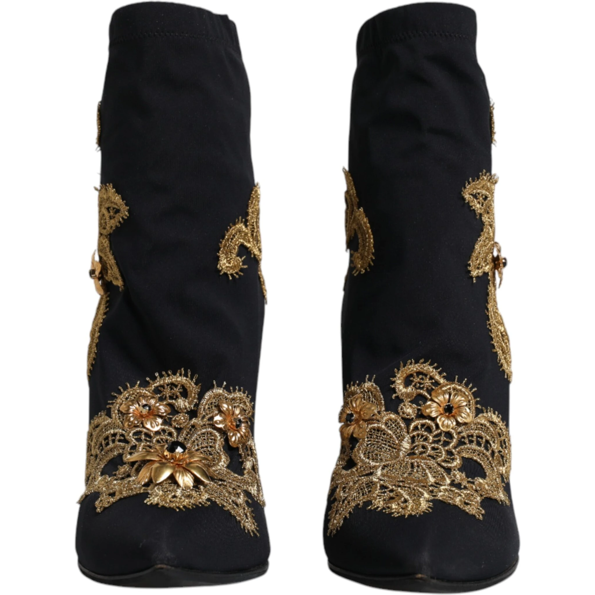 Black Gold Embroidery Slip On Boots Shoes