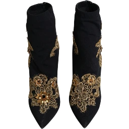 Black Gold Embroidery Slip On Boots Shoes