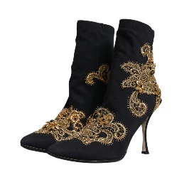 Black Gold Embroidery Slip On Boots Shoes