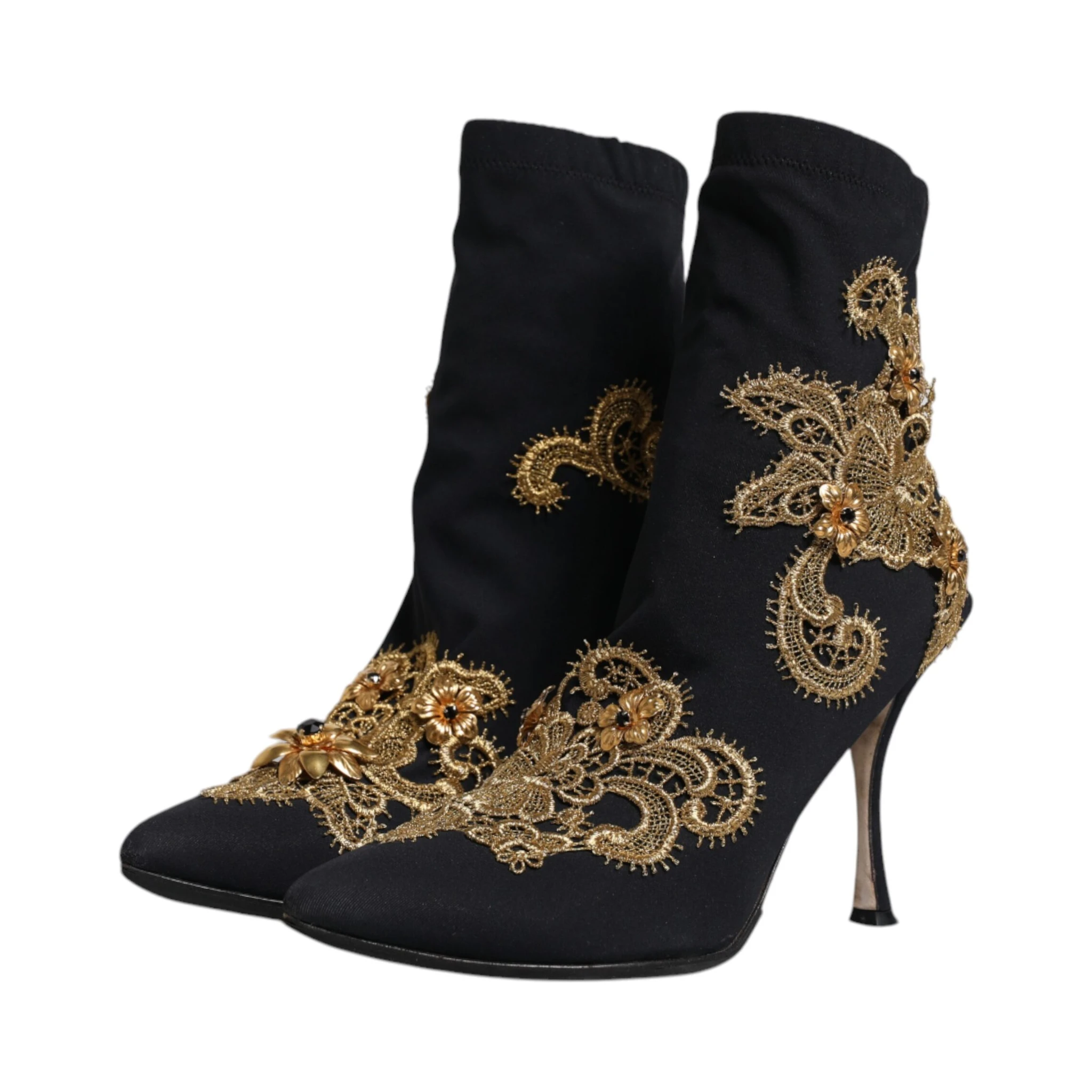 Black Gold Embroidery Slip On Boots Shoes