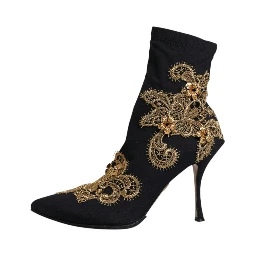 Black Gold Embroidery Slip On Boots Shoes