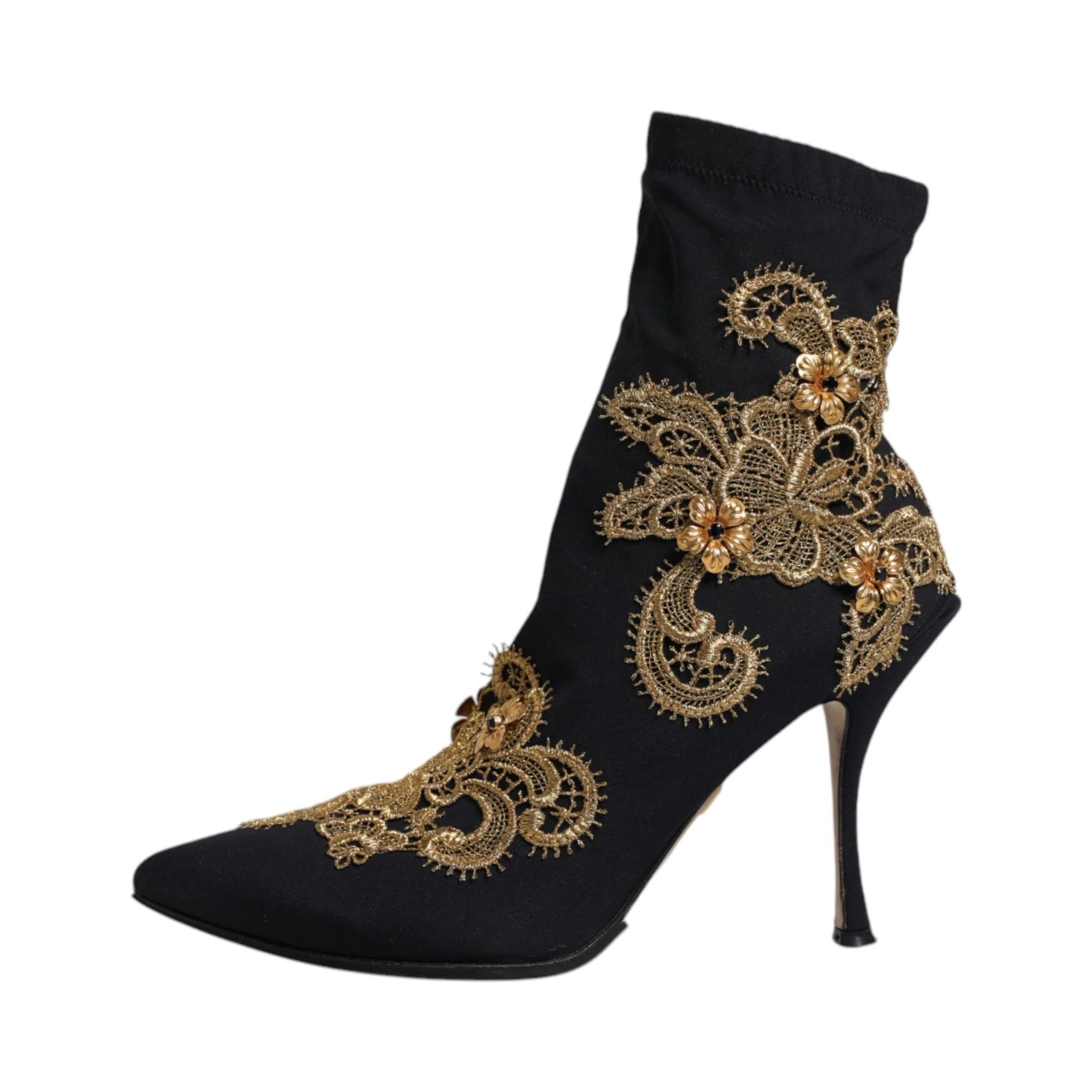 Black Gold Embroidery Slip On Boots Shoes