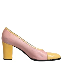 Pink Yellow Leather Block Heels Pumps Shoes