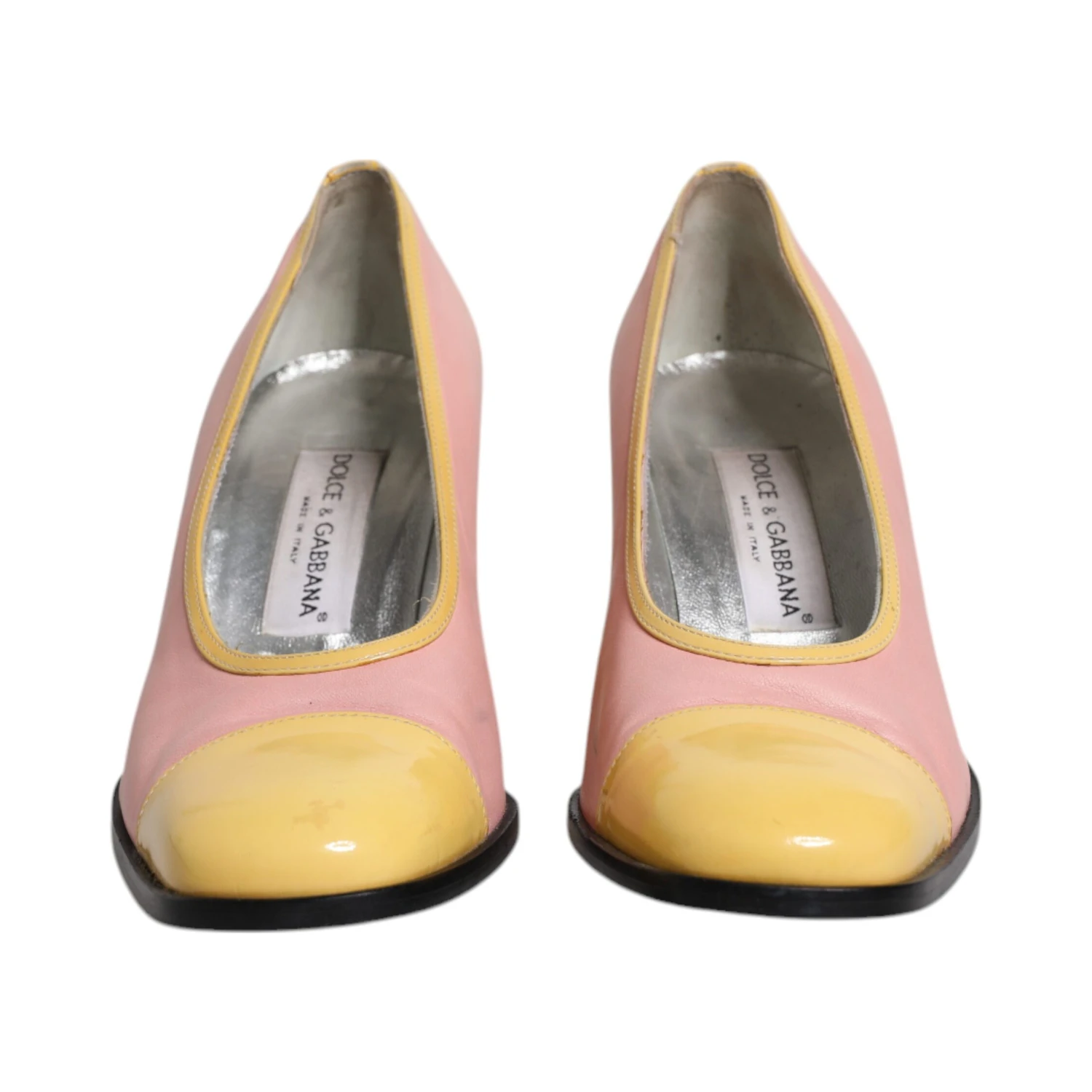 Pink Yellow Leather Block Heels Pumps Shoes