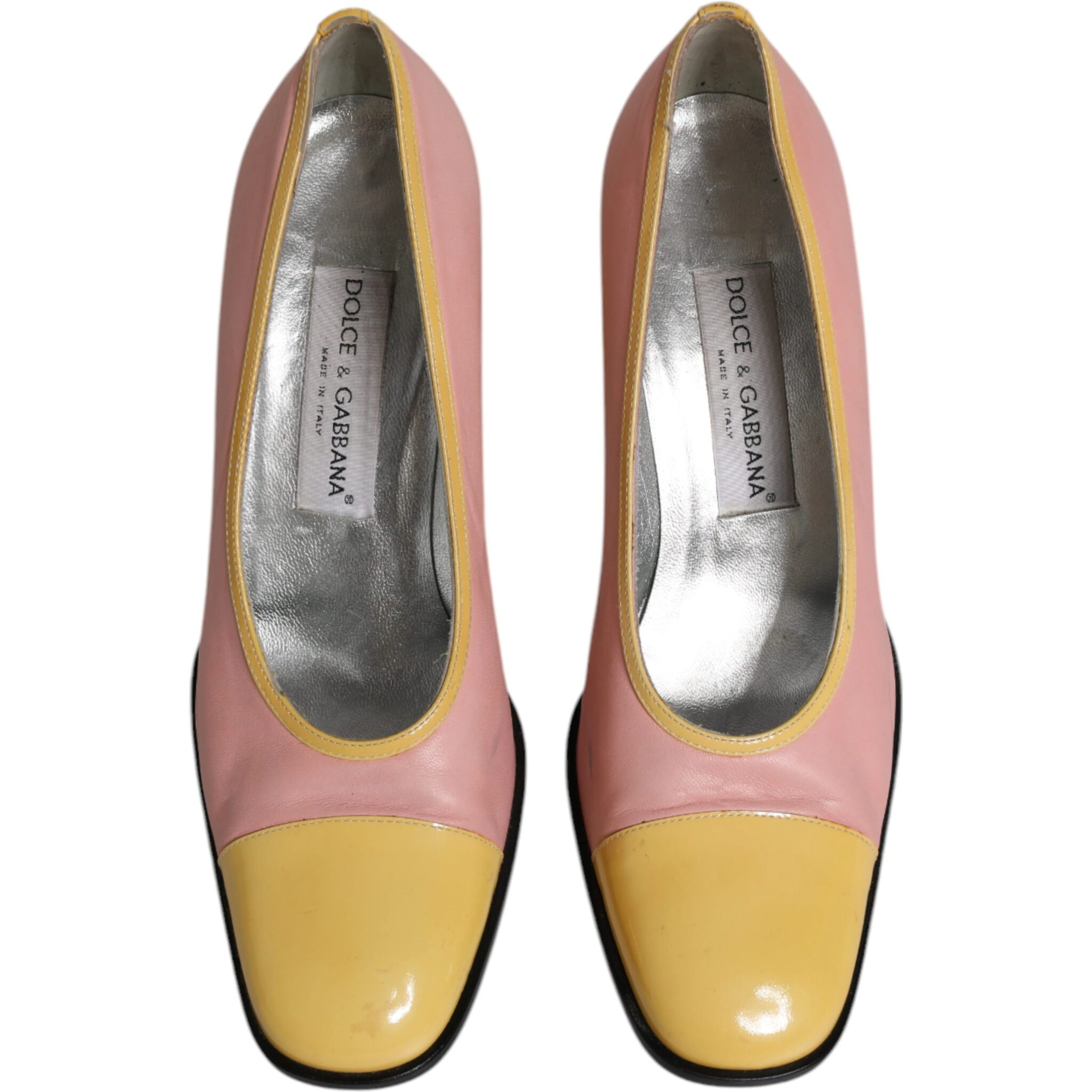 Pink Yellow Leather Block Heels Pumps Shoes