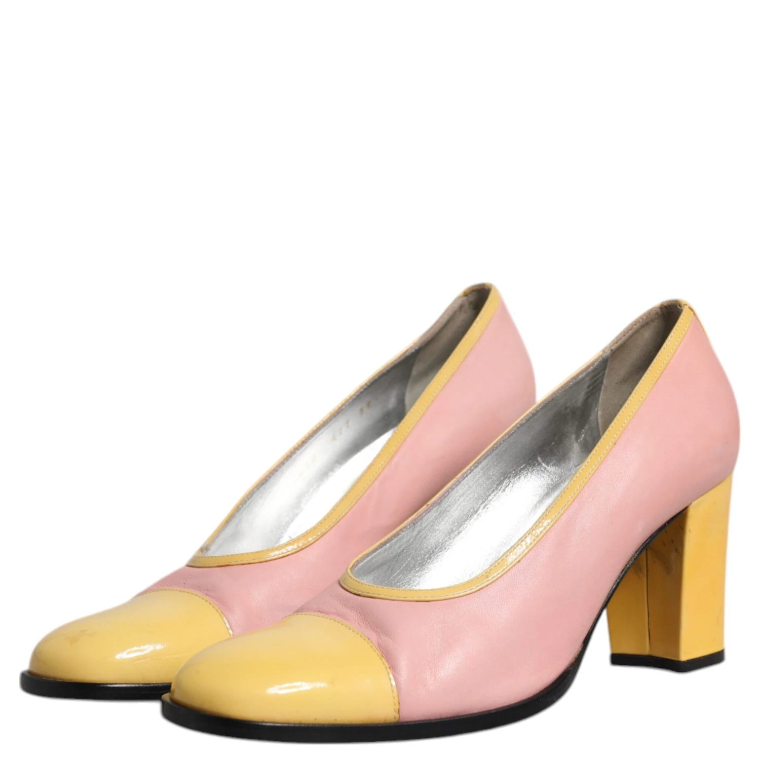 Pink Yellow Leather Block Heels Pumps Shoes