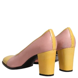 Pink Yellow Leather Block Heels Pumps Shoes