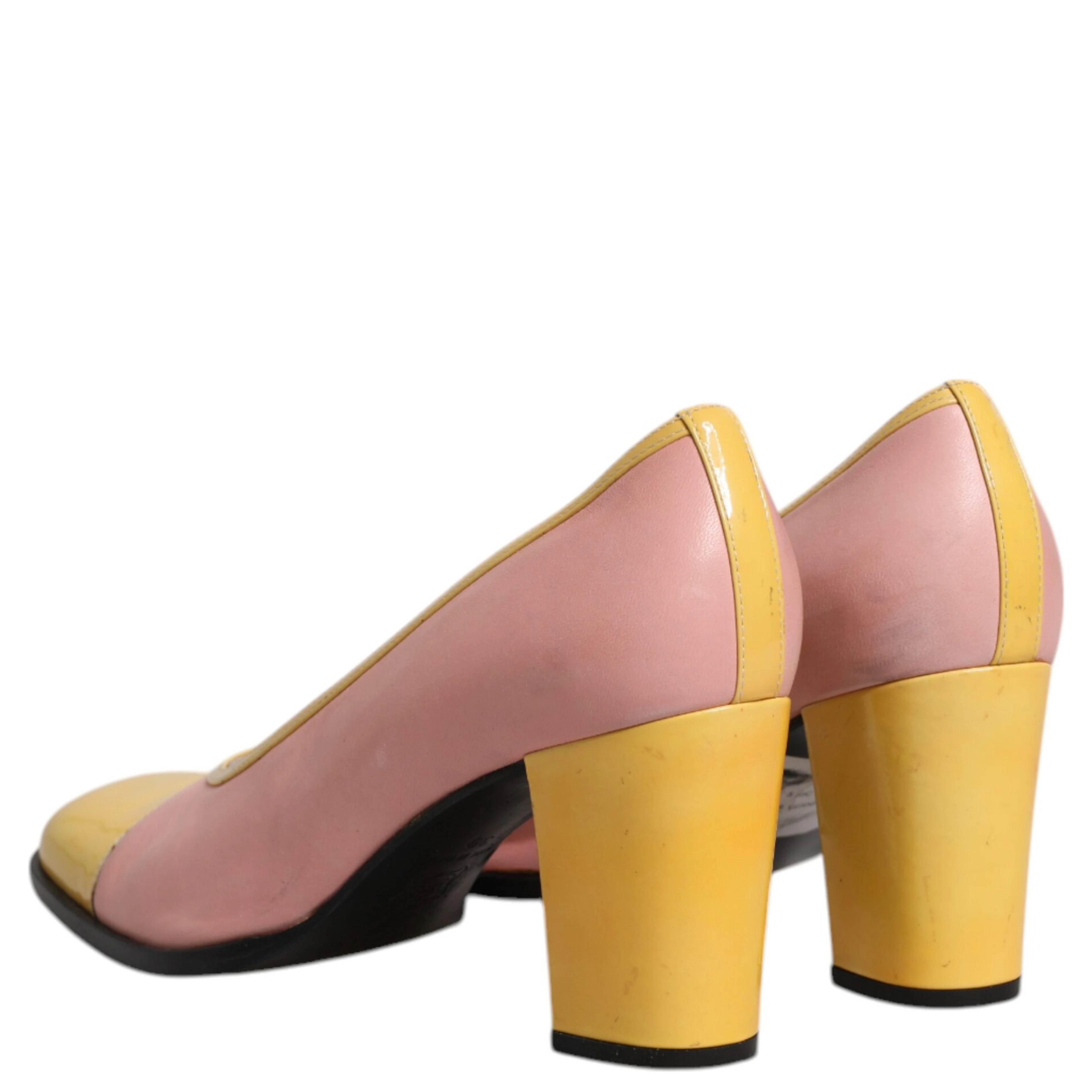 Pink Yellow Leather Block Heels Pumps Shoes