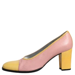 Pink Yellow Leather Block Heels Pumps Shoes