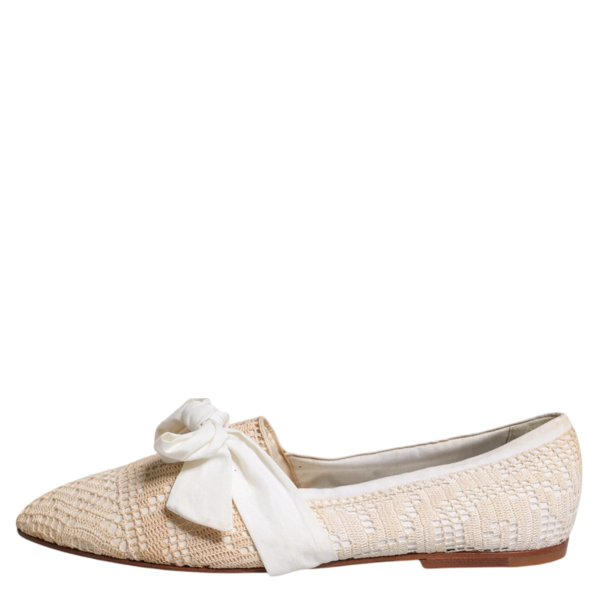 Beige Ribbon Fabric Ballerina Flats Shoes