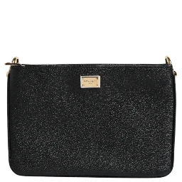 Black Grain Leather Logo Plaque Clutch Bag