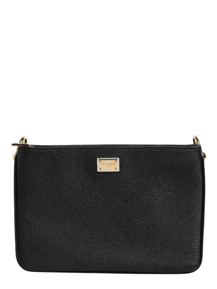 Black Grain Leather Logo Plaque Clutch Bag