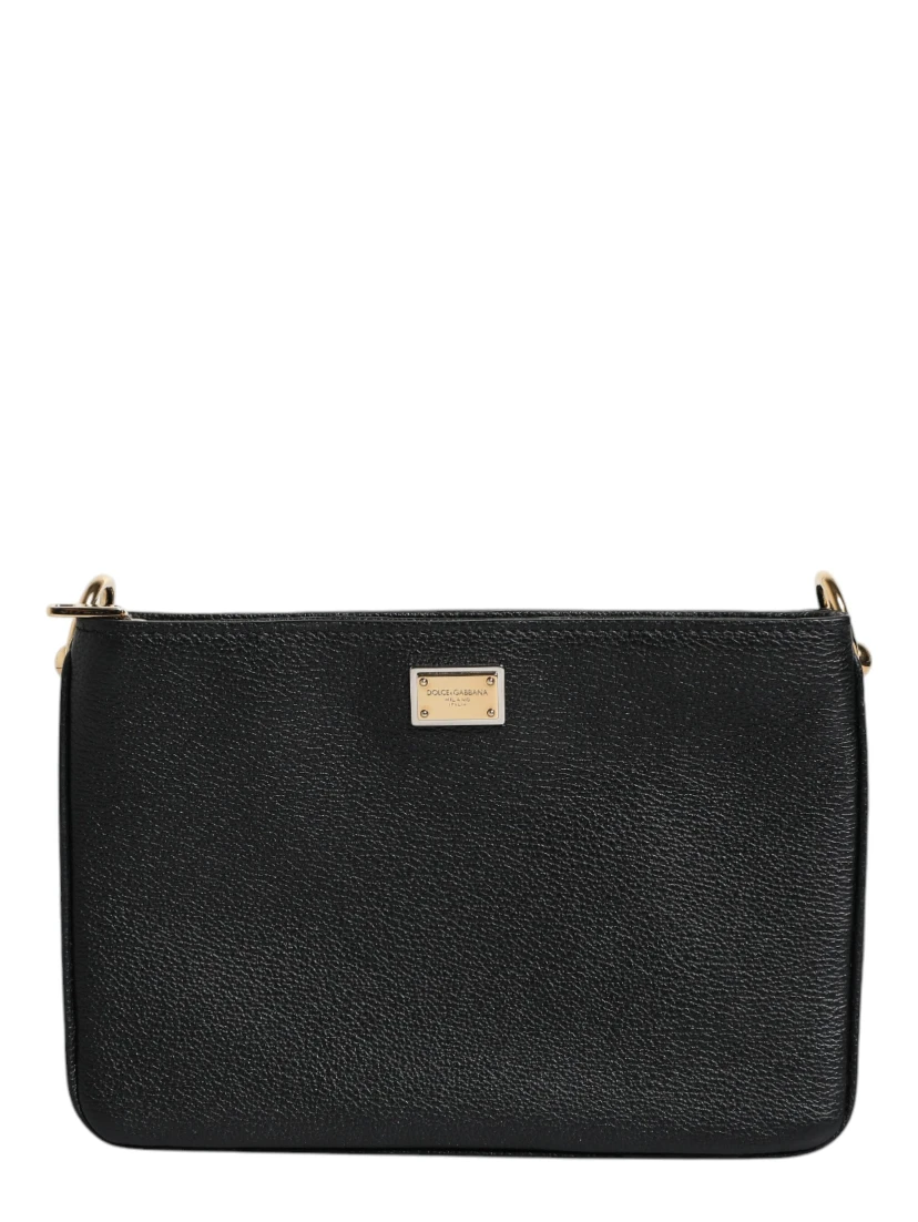 Black Grain Leather Logo Plaque Clutch Bag