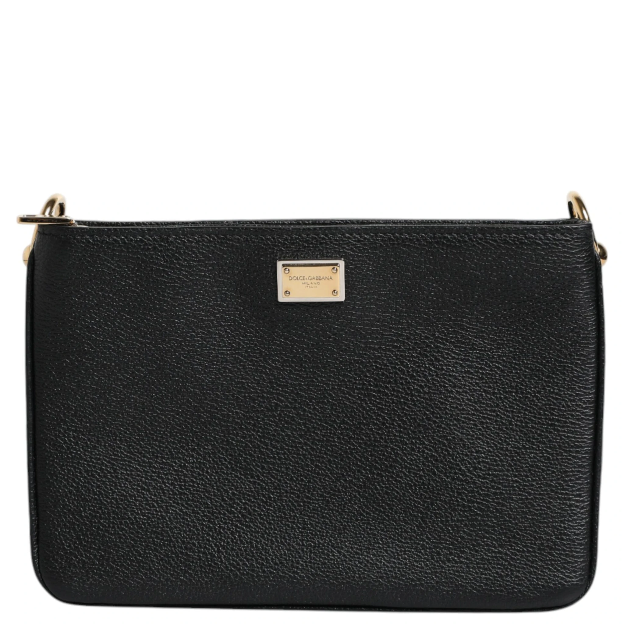 Black Grain Leather Logo Plaque Clutch Bag