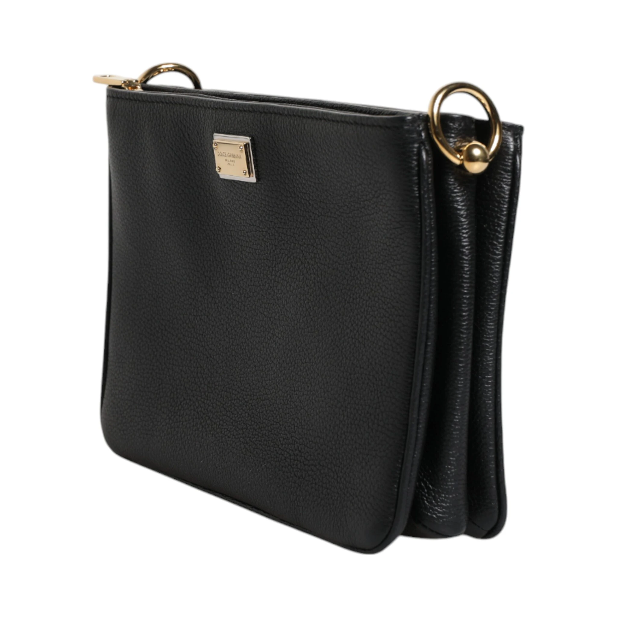 Black Grain Leather Logo Plaque Clutch Bag