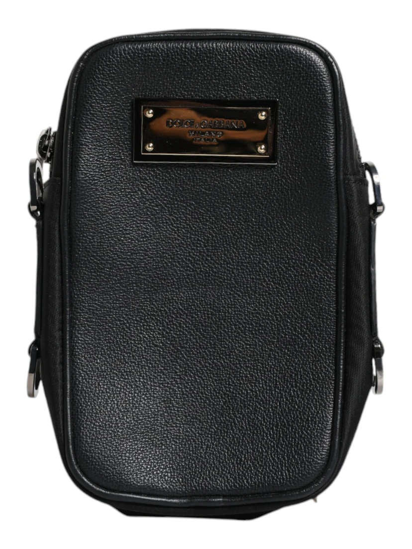 Black Grain Leather Logo Plaque Clutch Bag