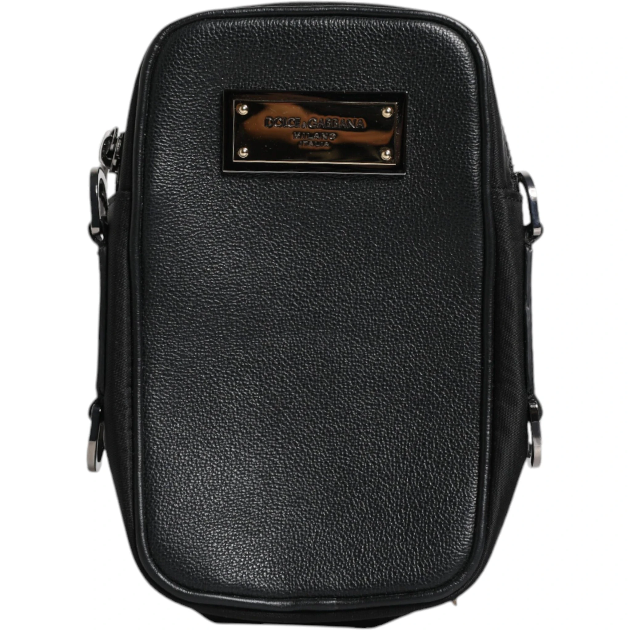 Black Grain Leather Logo Plaque Clutch Bag