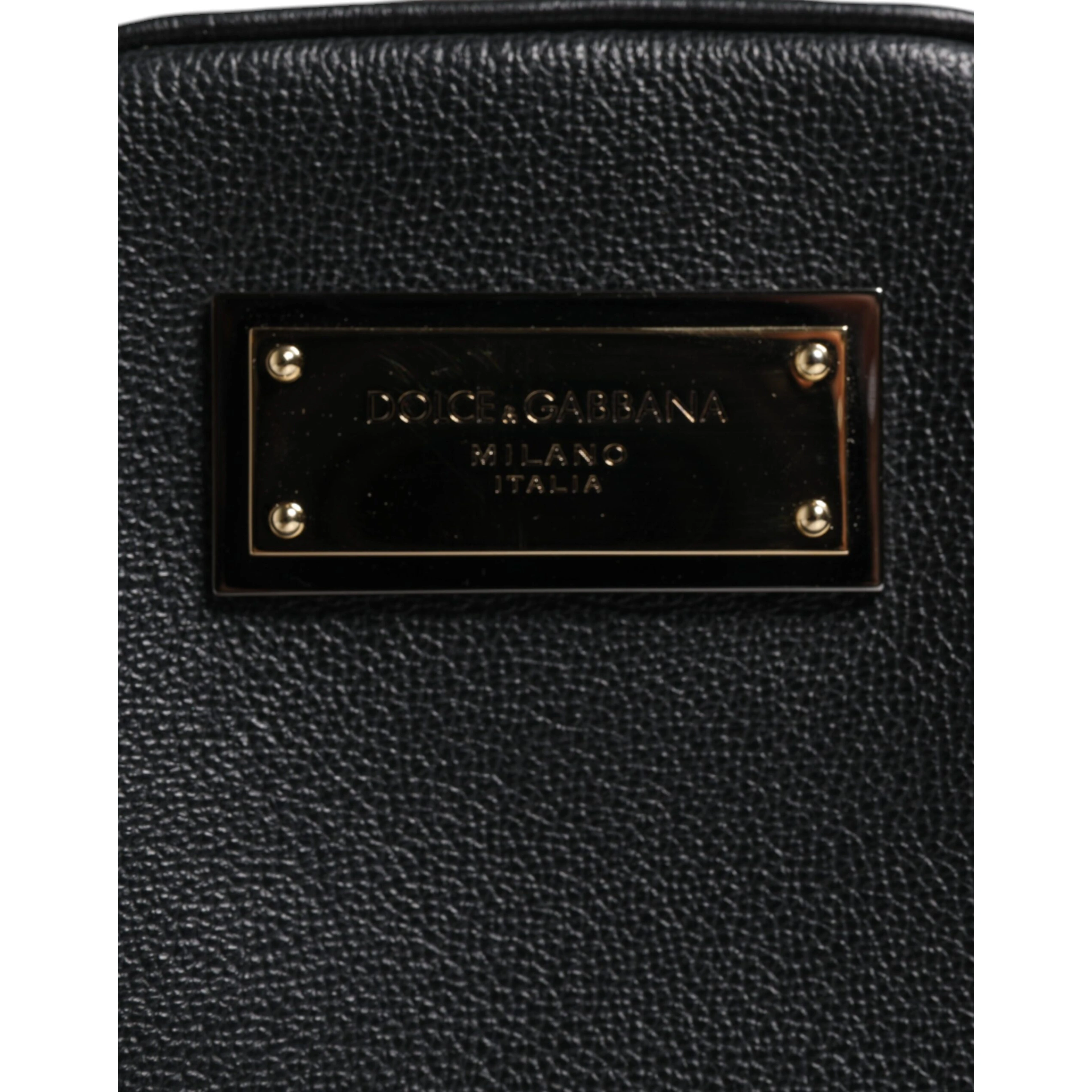 Black Grain Leather Logo Plaque Clutch Bag