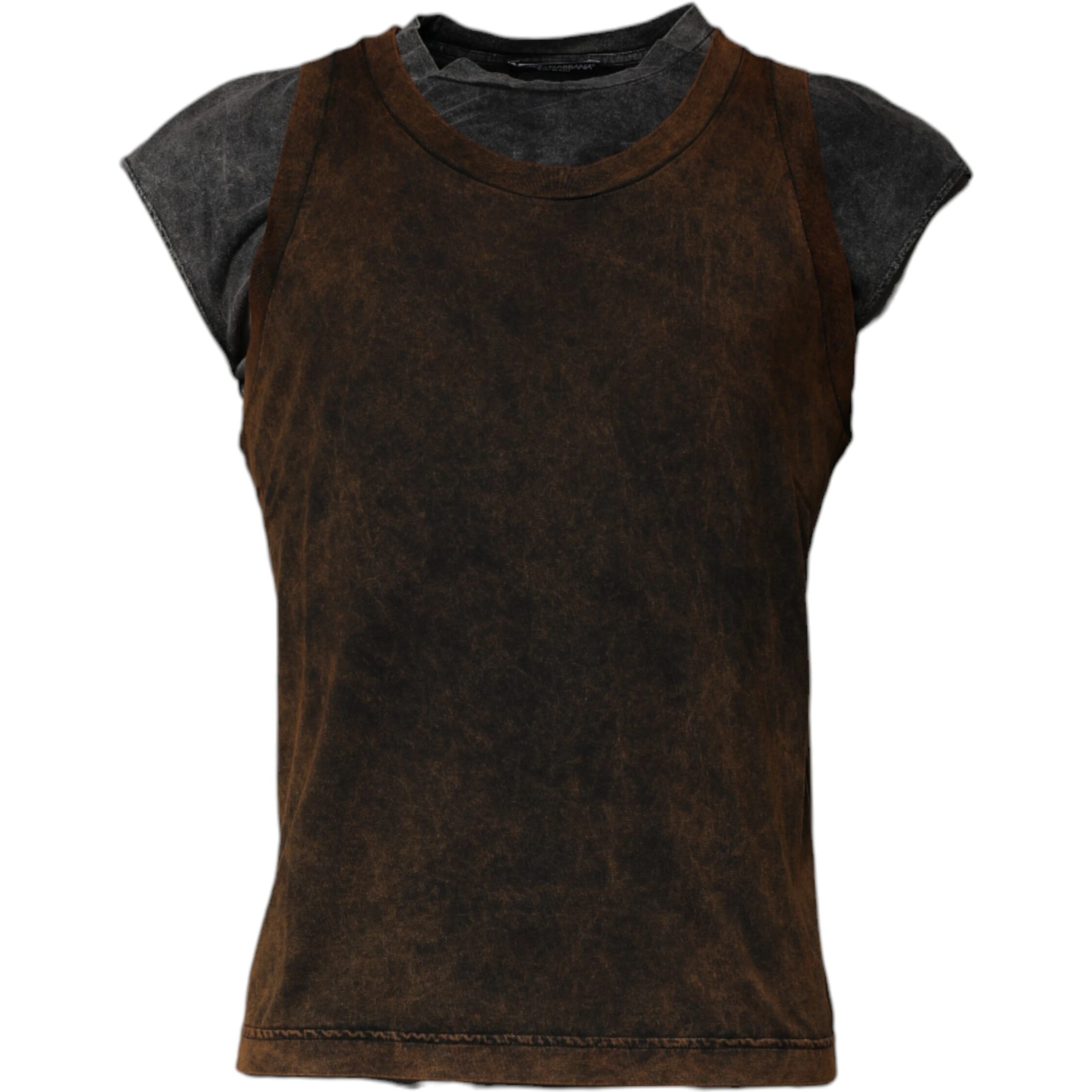 Brown Cotton Round Neck Sleeveless T-shirt