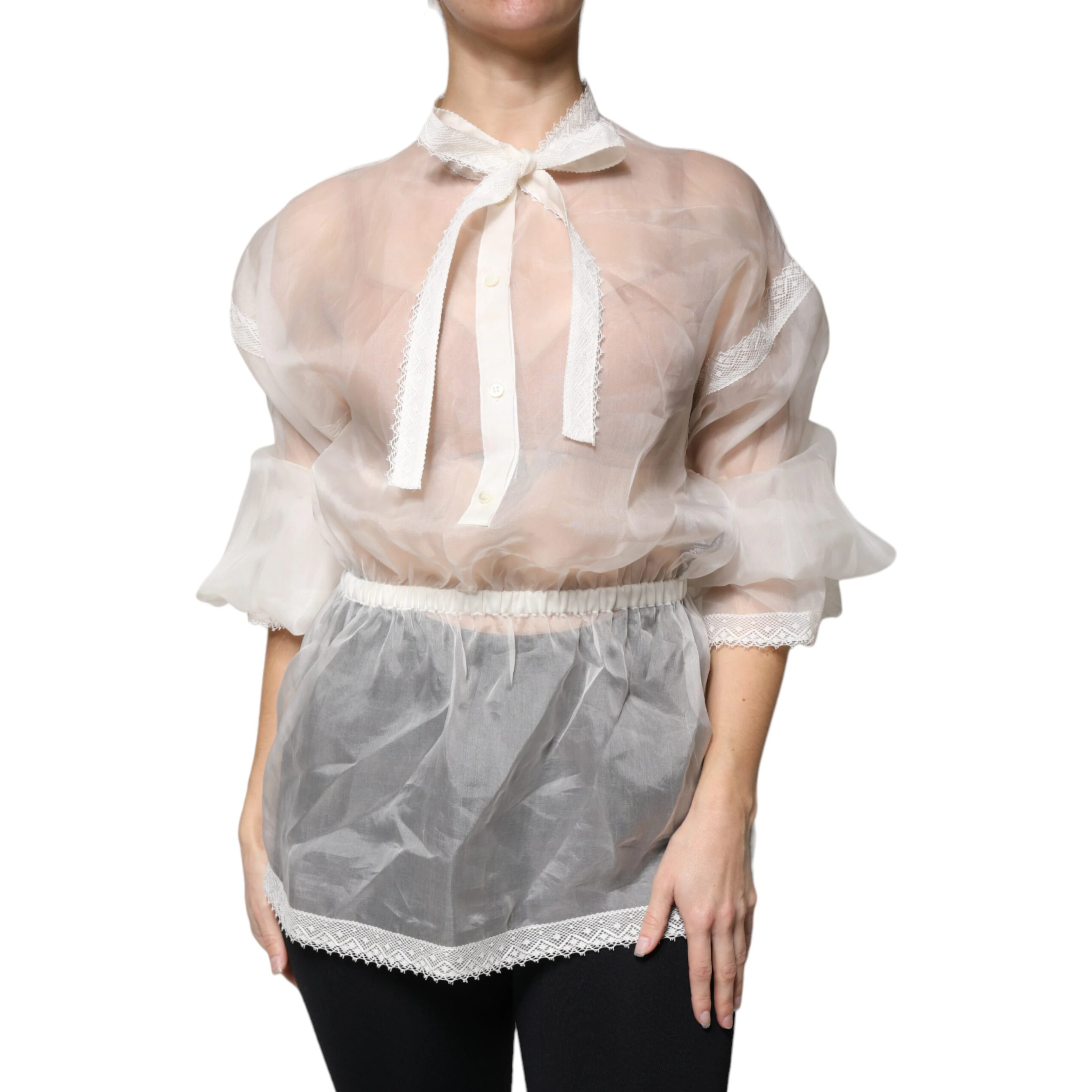 White Ascot Collar Long Sleeves Blouse Top