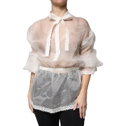 White Ascot Collar Long Sleeves Blouse Top